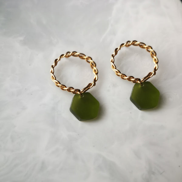 Gold and green hex earrings