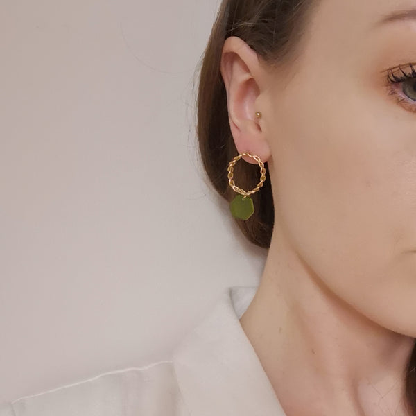 Gold and green hex earrings model
