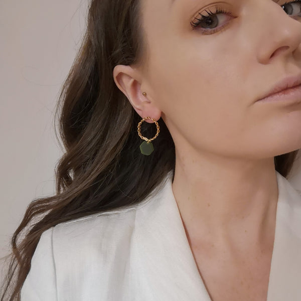 Gold and green hex earrings model