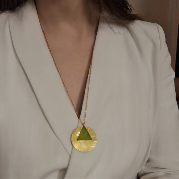 Gold vermeil and green acrylic triangle pendant necklace model