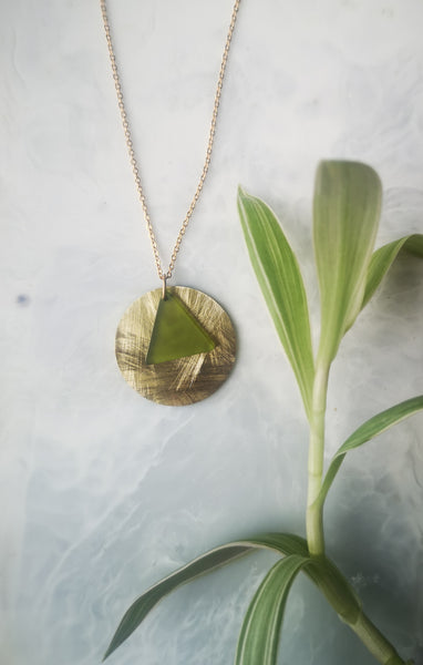 Gold vermeil and green acrylic triangle pendant necklace