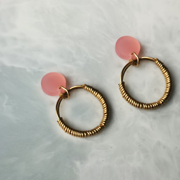 Wrapped 18 carat gold vermeil and pink acrylic hoop earrings