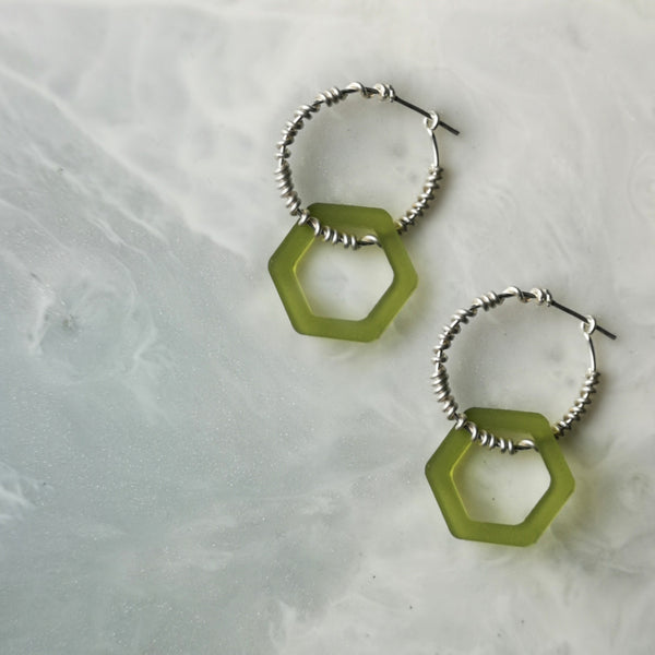 Solid silver wrap and green hex acrylic hoop earrings