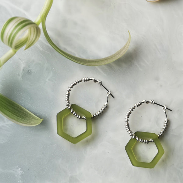 Solid silver wrap and green hex acrylic hoop earrings