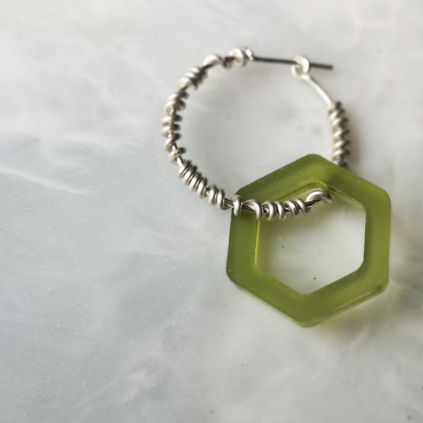 Solid silver wrap and green hex acrylic hoop earrings