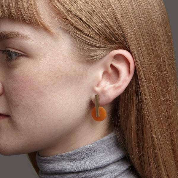 Acrylic Drop Earrings Orange - 18 carat gold plated handmade earrings on model