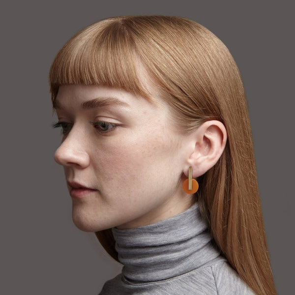 Acrylic Drop Earrings Orange - 18 carat gold plated handmade earrings on model