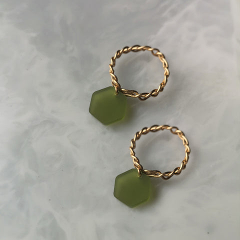 Gold and green hex earrings