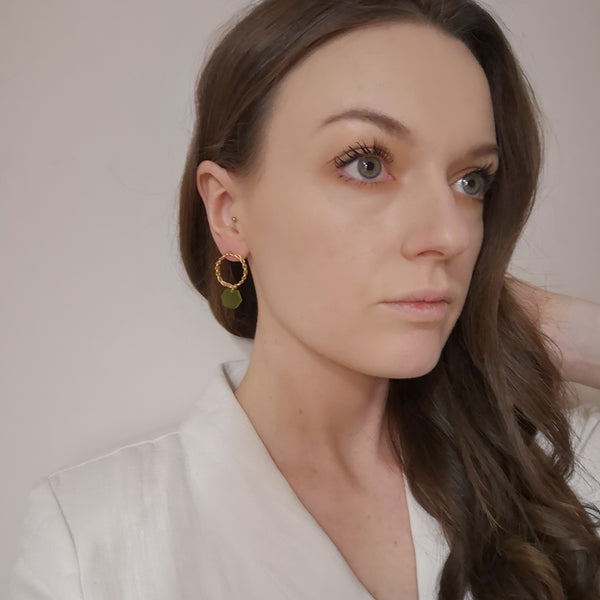 Gold and green hex earrings model