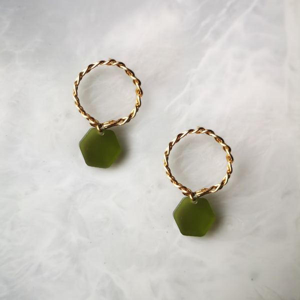 Gold and green hex earrings
