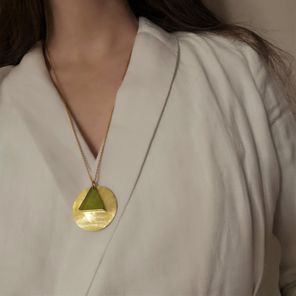 Gold vermeil and green acrylic triangle pendant necklace model