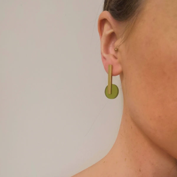 Acrylic Drop Earrings Green - 18 carat gold plated handmade earrings on model