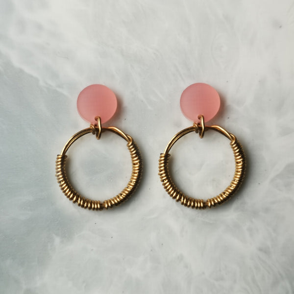 Wrapped 18 carat gold vermeil and pink acrylic hoop earrings