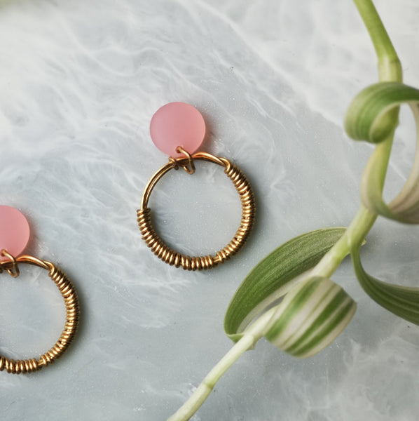 Wrapped 18 carat gold vermeil and pink acrylic hoop earrings