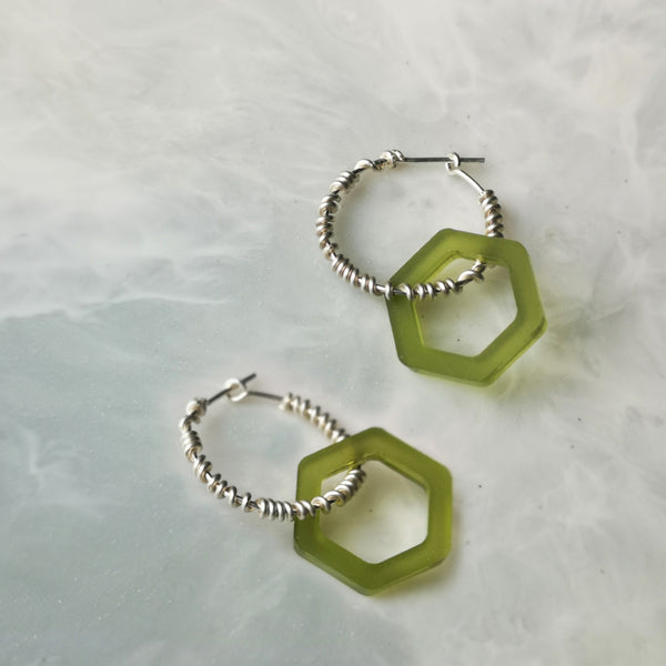 Solid silver wrap and green hex acrylic hoop earrings