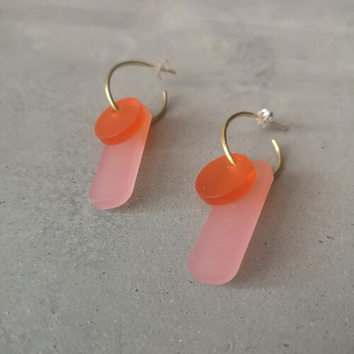 Gold hoop earrings with pink and orange acrylic